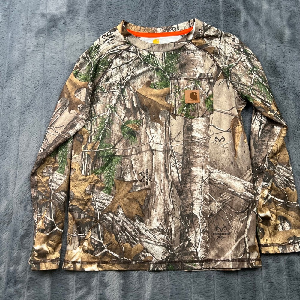 Carhartt Force Boys Realtree Xtra Camo Long Sleeve Pocket T-Shirt Size S 8/10